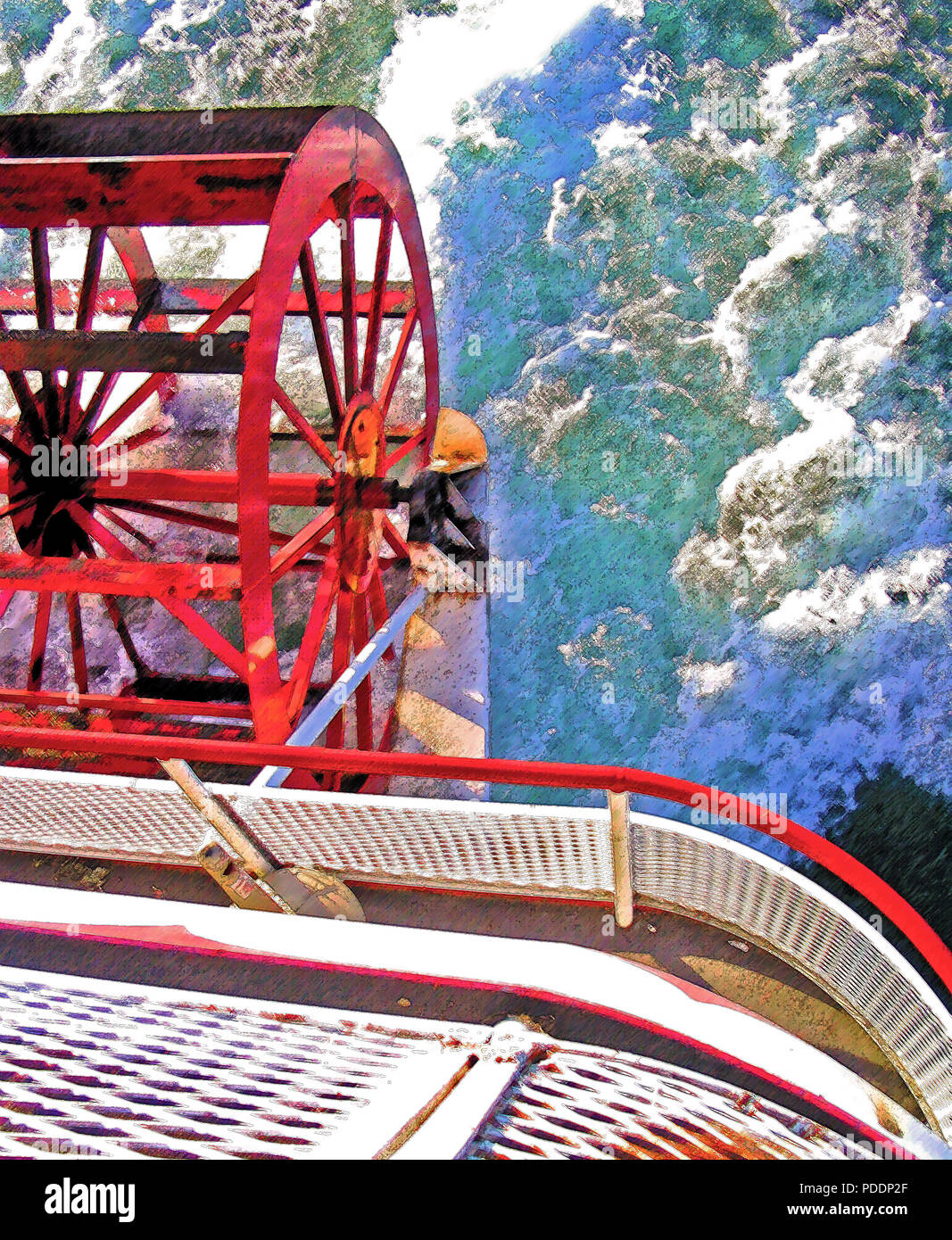 A view of the back of a ferry boat, with the  paddle wheel churning and powering a cruise in the 1,000 Island region of Alexandria Bay in upper state  Stock Photo