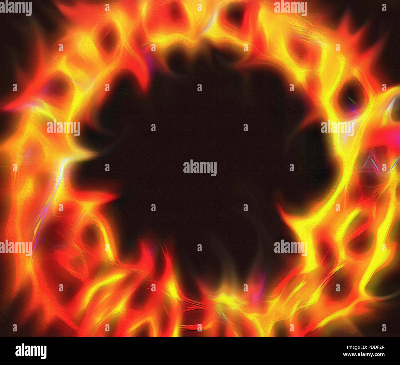 A digital abstract artwork depicting flames and a ring of fire. The color contrast from byellow to red, with deep texturing and firey shapes make an i Stock Photo