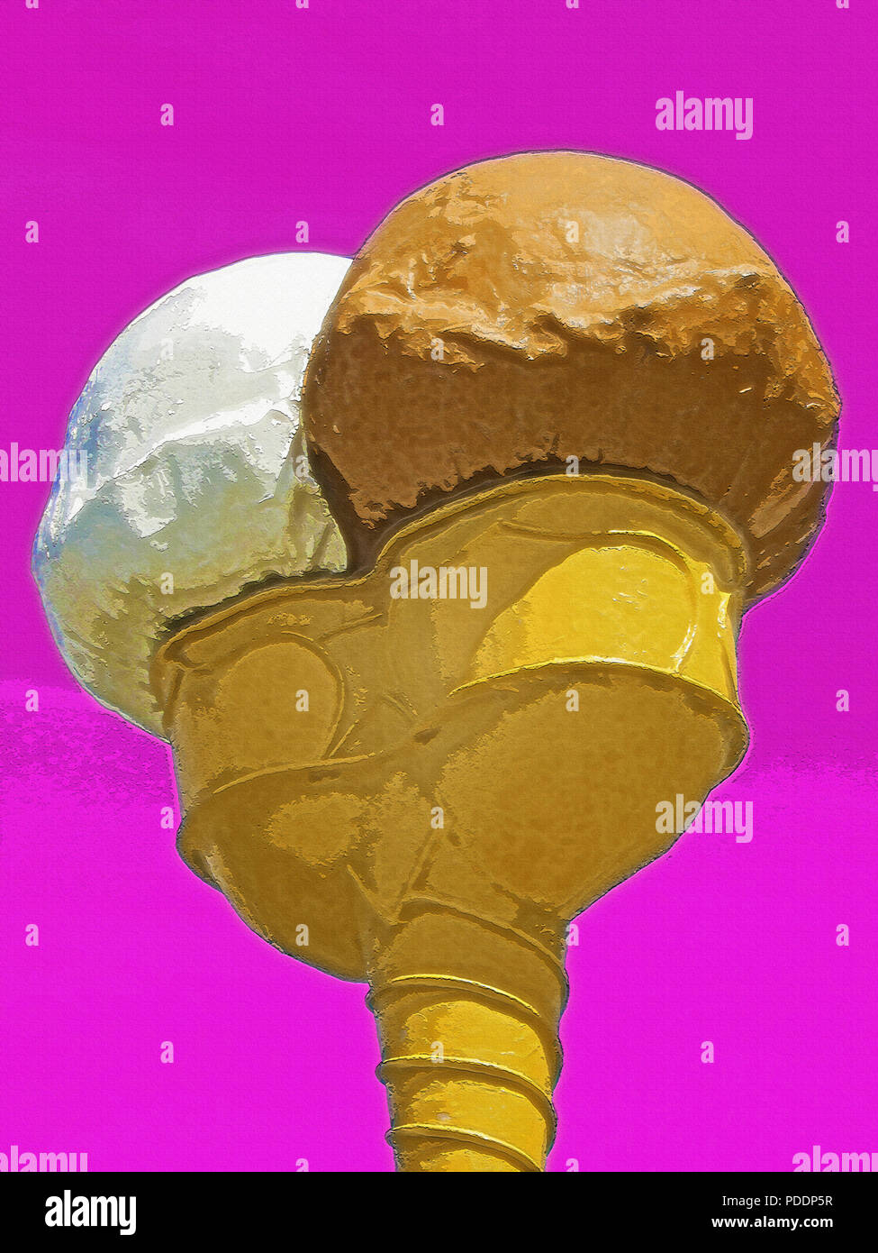 A fanciful and nostalgic poster-style artwork of an old-fashioned, two-scoop ice cream with a double-wide cone. Two large scoops of ice cream top the  Stock Photo