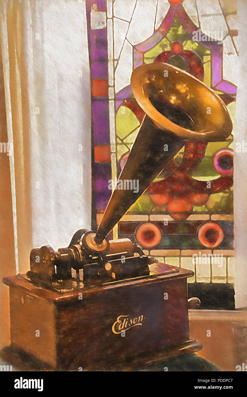 An old era phonograph shot at a local museum in the old frontier area of Wyoming, USA. The original photograph has been digitally enhanced to embellis Stock Photo