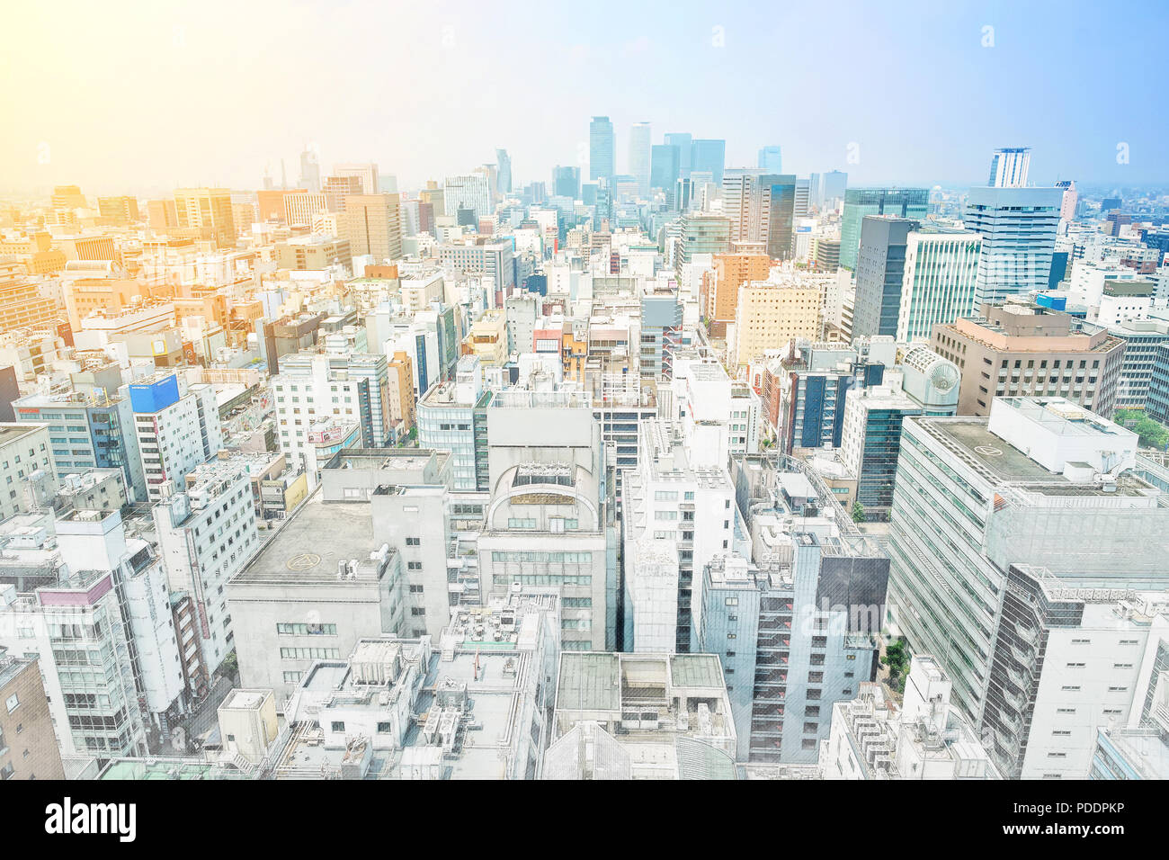 Asia Business concept - panoramic modern cityscape building bird eye aerial view under sunrise and morning blue bright sky from Nagoya TV Tower in Nag Stock Photo