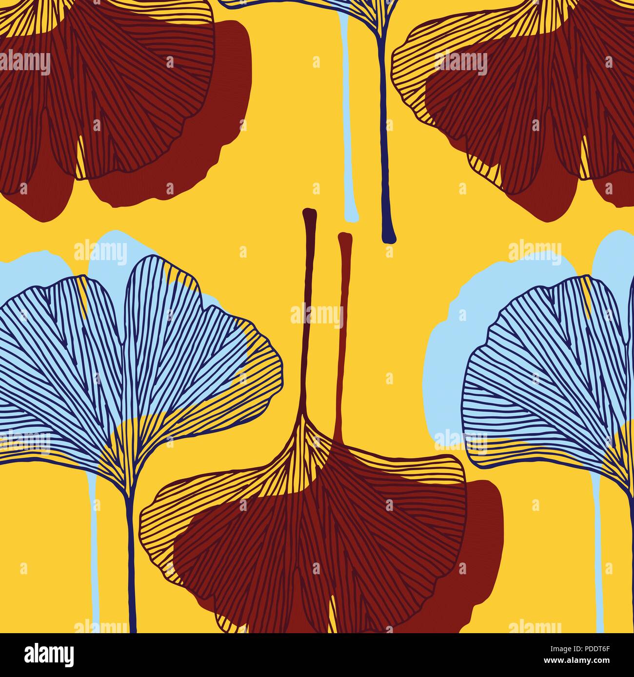 Ginkgo leaves vector pattern in yellow, red and blue colors palette Stock Vector