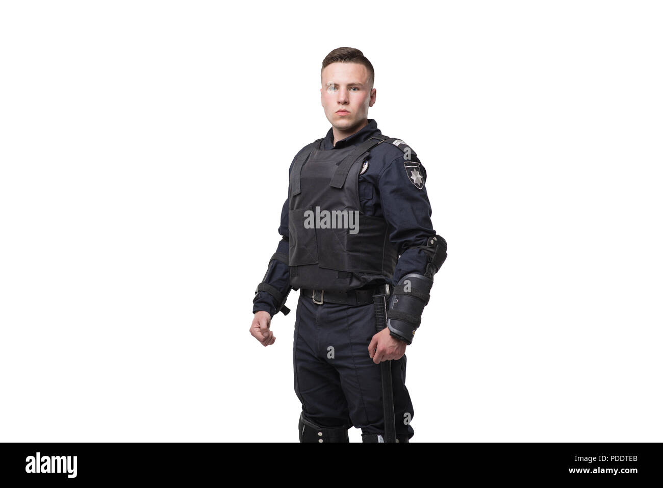 Armed police officer isolated on white background Stock Photo