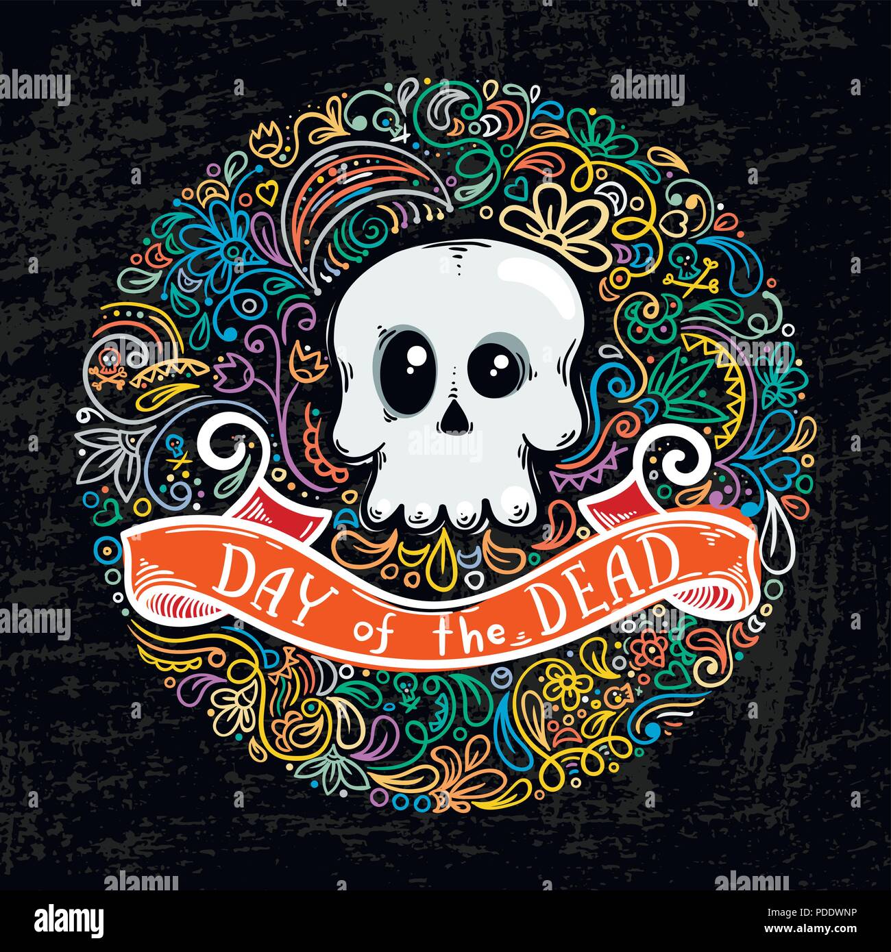Illustration with the Day of the Dead lettering and skull on pattern ...