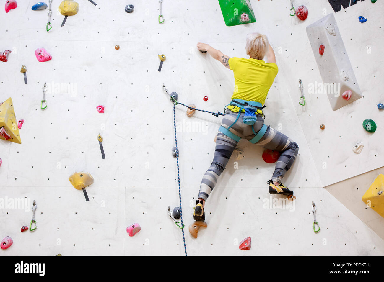 Photo from back of sports woman in yellow T-shirt scrambles on wall for climbing at workout Stock Photo