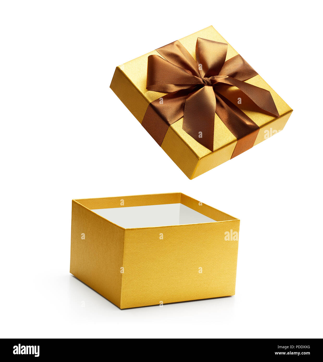 Gold open gift box isolated on white background Stock Photo