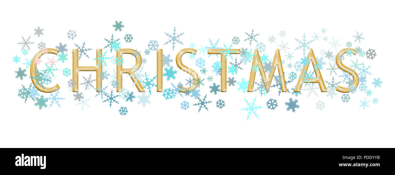 Christmas word written in gold metallic text style with turquoise blue and silver snowflakes, isolated on white. Ideal banner, header. Stock Photo