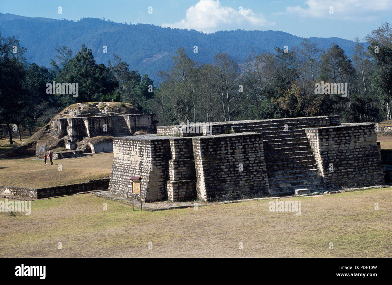 Temple 1 to Temple 2, Iximche Mayan Site in the western highlands in Guatemala Stock Photo