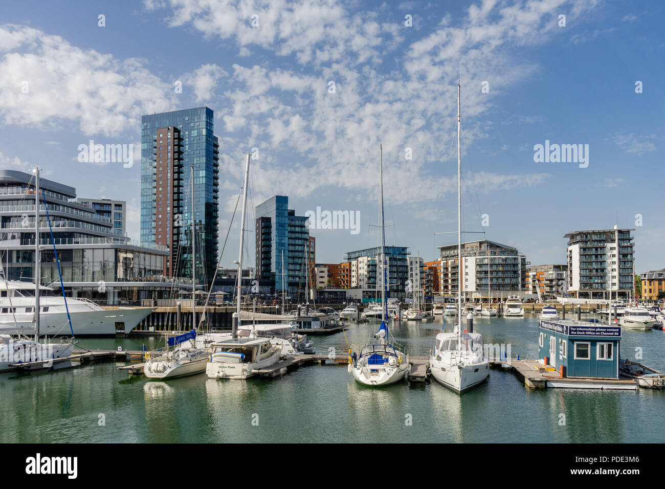 View to the Ocean village marina yacht harbour modern architecture skyline summer 2018 in Southampton, England, Hampshire, UK Stock Photo