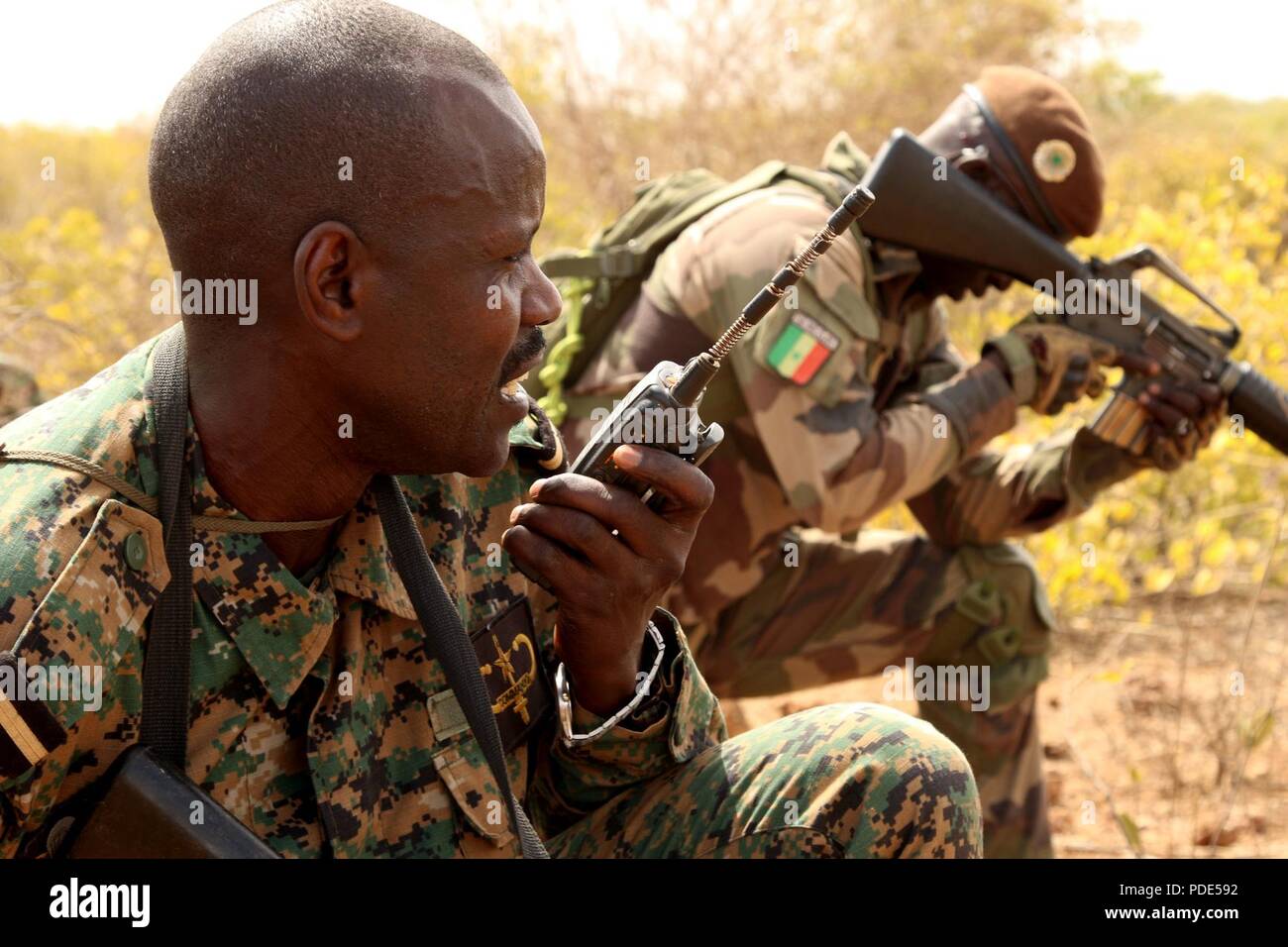 A soldier with the Senegalese Army radios a call in during a battlefield  scenario at the Tactical Training Center Number Seven in Thies Senegal, May  14, 2018. The United States Army 3rd