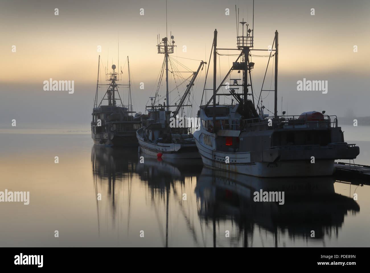 Fishboats Foggy Morning. Dawn over the harbor of Steveston, British Columbia, Canada near Vancouver. Steveston is a small fishing village on the banks Stock Photo