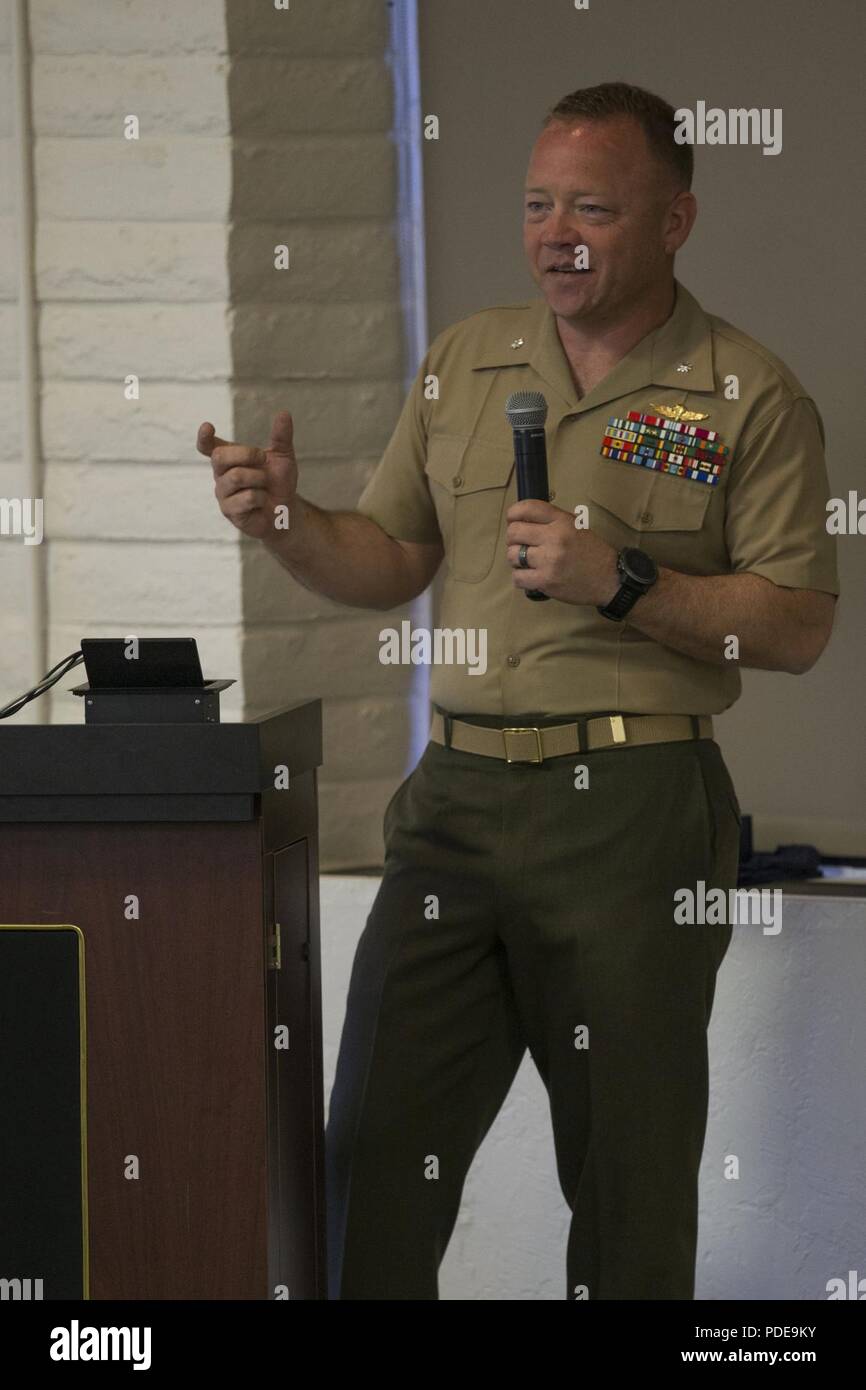 Lt. Col. Jeffrey Dinsmore, commanding officer, 1st Radio Battalion, I Marine Expeditionary Force Information Group, speaks to graduates of Microsoft Software and Systems Academy and their loved ones during the MSSA Recognition Ceremony on Marine Corps Base Camp Pendleton, Calif., May 18, 2018. “MSSA is a program sponsored by Microsoft for veterans and active-duty service members to meet the demands of the ever-growing and ever-changing information technology industry,” said U.S. Marine Corps Cpl. Jaime Rivas with 1st Battalion, 4th Marines, 1st Marine regiment,  1st Marine Division. Stock Photo