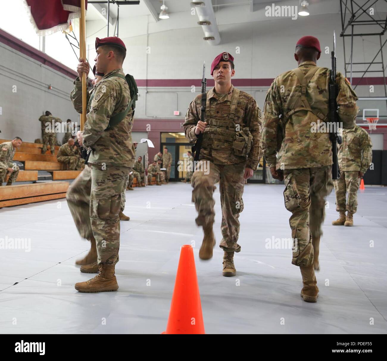 U.S. Paratroopers of the 307th Brigade Support Battalion, 82nd Airborne Division, perform a counter column during the Color Guard Competition on Fort Bragg, N.C., May 18, 2018. The competiton is held to see who will earn the chance to perform as color guard during the events of the All american Week celebration. Stock Photo