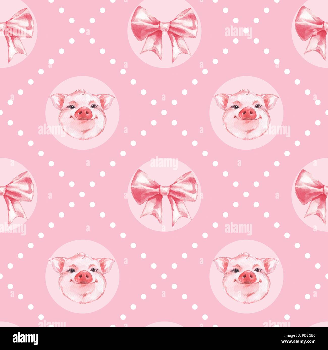 Background with funny pig. Pink watercolor seamless pattern Stock Photo