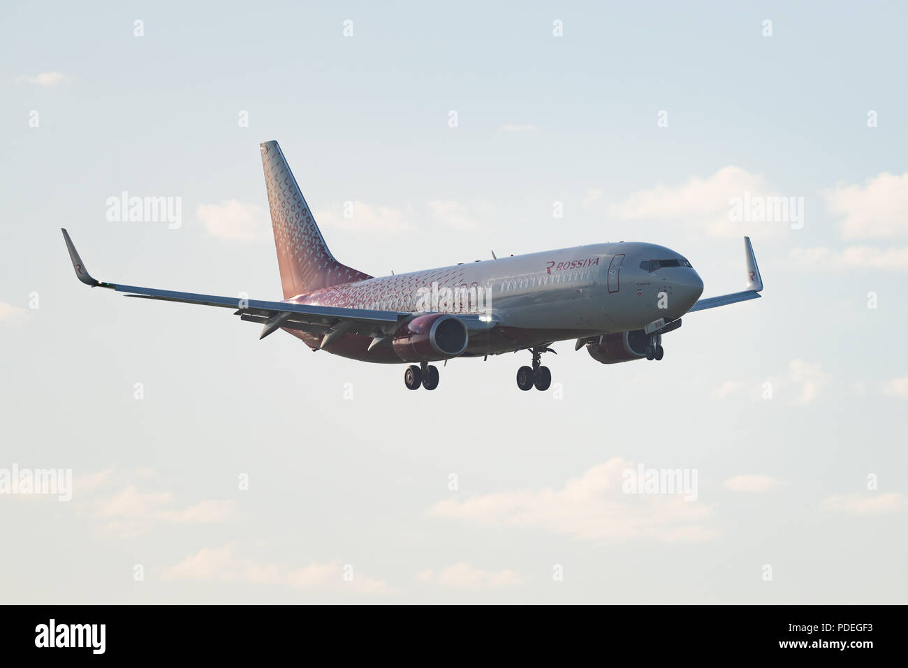 Novosibirsk, Russia – June 7, 2018: Boeing 737-8LJ VP-BOA Rossiya Airlines approaches for landing at the international airport Tolmachevo. Stock Photo