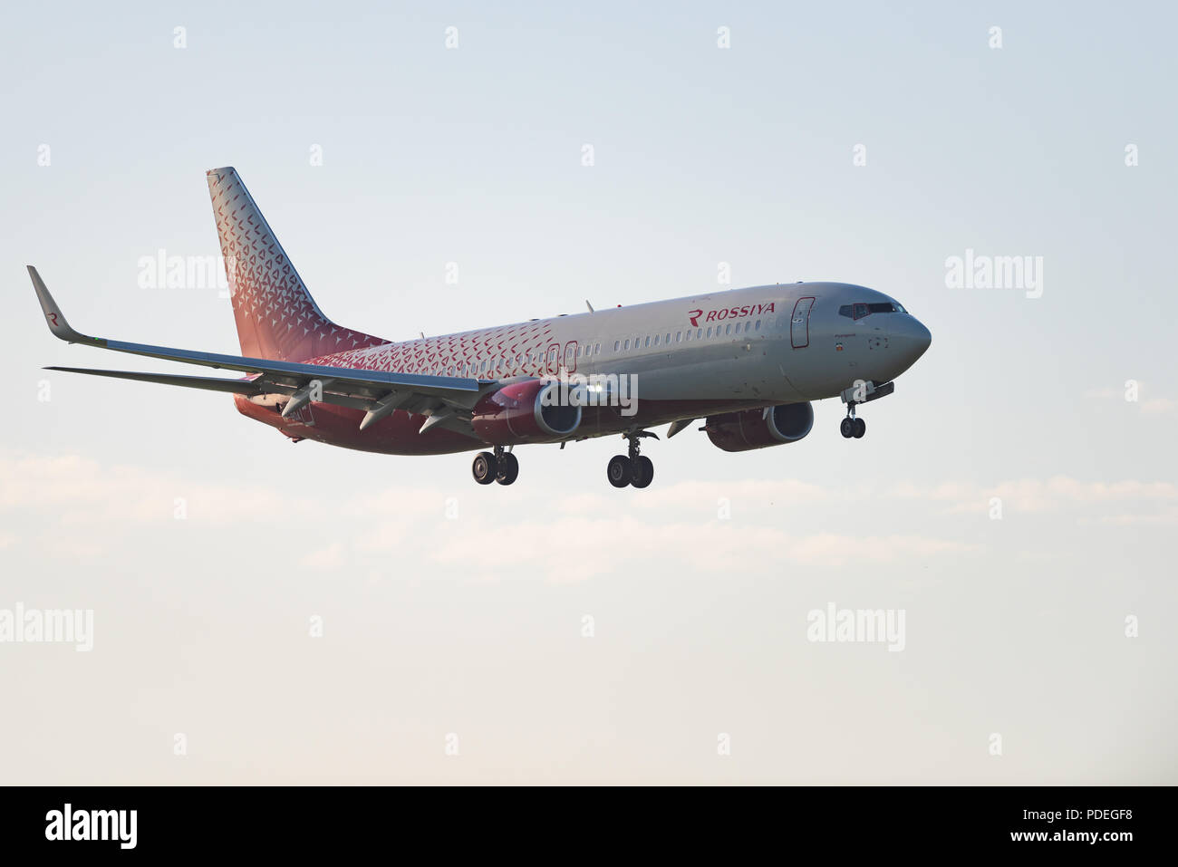Novosibirsk, Russia – June 7, 2018: Boeing 737-8LJ VP-BOA Rossiya Airlines approaches for landing at the international airport Tolmachevo. Stock Photo