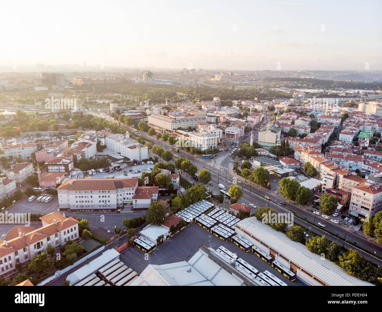 Aerial Drone View of Istanbul Millet Caddesi / Sehremini Aksaray Bus Station. Cityscape. Stock Photo