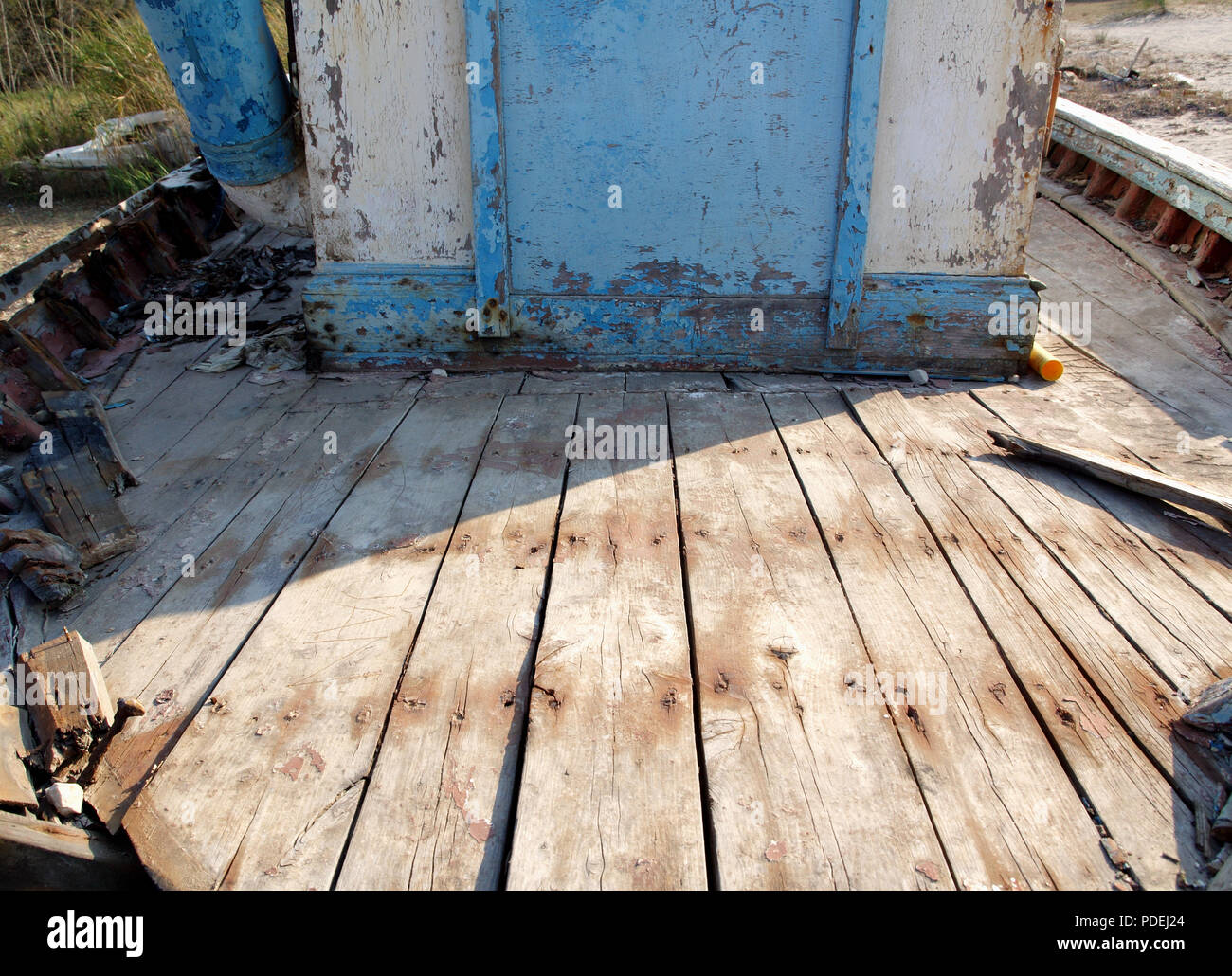 View Deck Of Old And Weathered Fishing Boat With Peeling Paint At