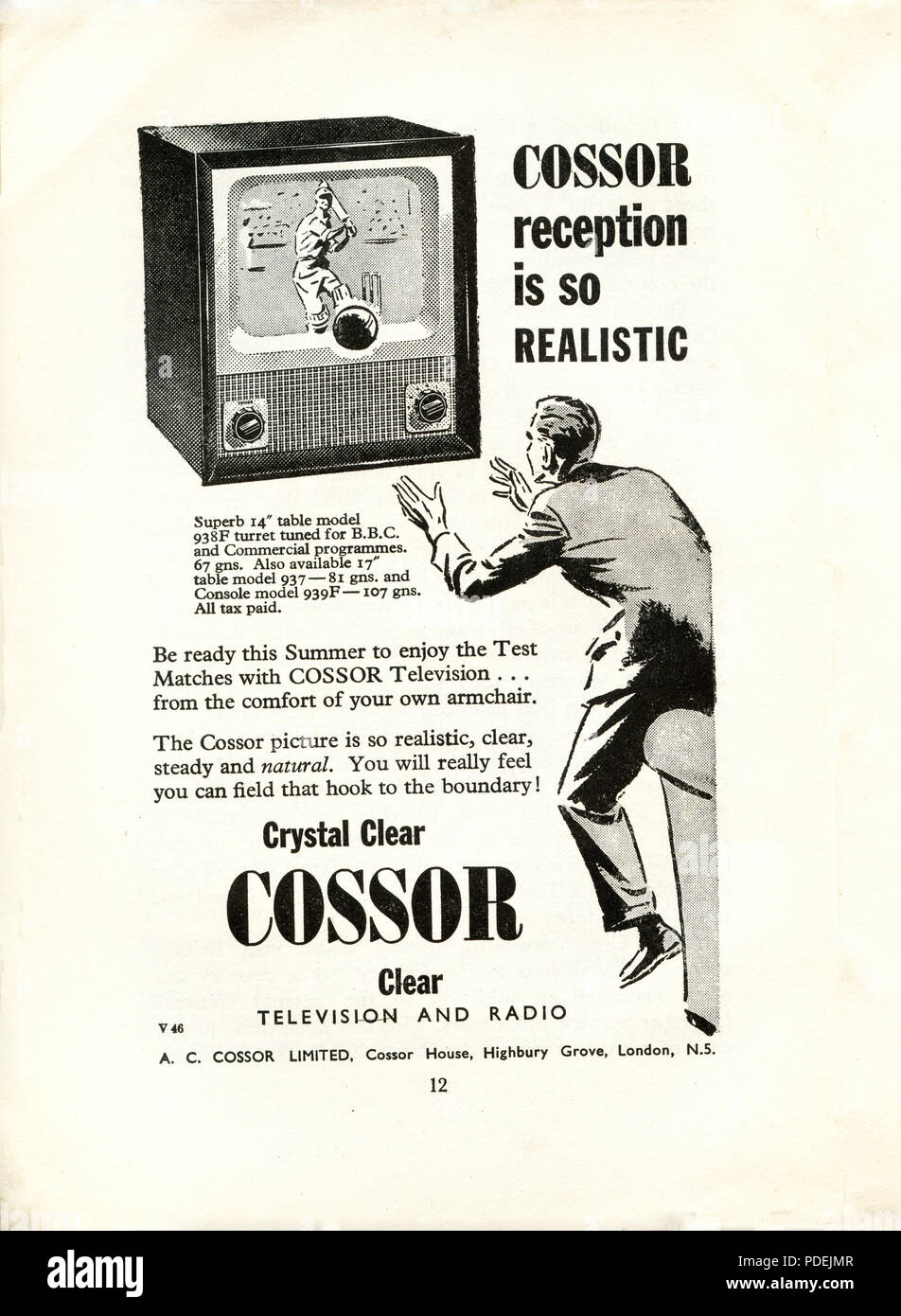 1947, an advert in a UK cricket brochure for British made Cossor television sets saying that the picture (reception) is so realistic.....'you can field that hook to the boundary'... Stock Photo