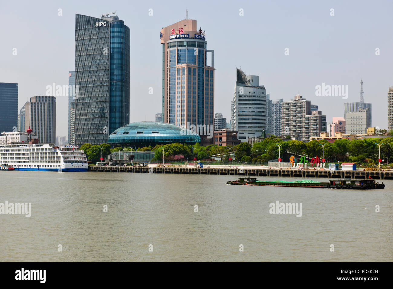 Views of City,High life,Districs,Huangpu River Traffic,Pudong World Trade Centre Views,Shanghai,China,PRC,People's Republic of China Stock Photo