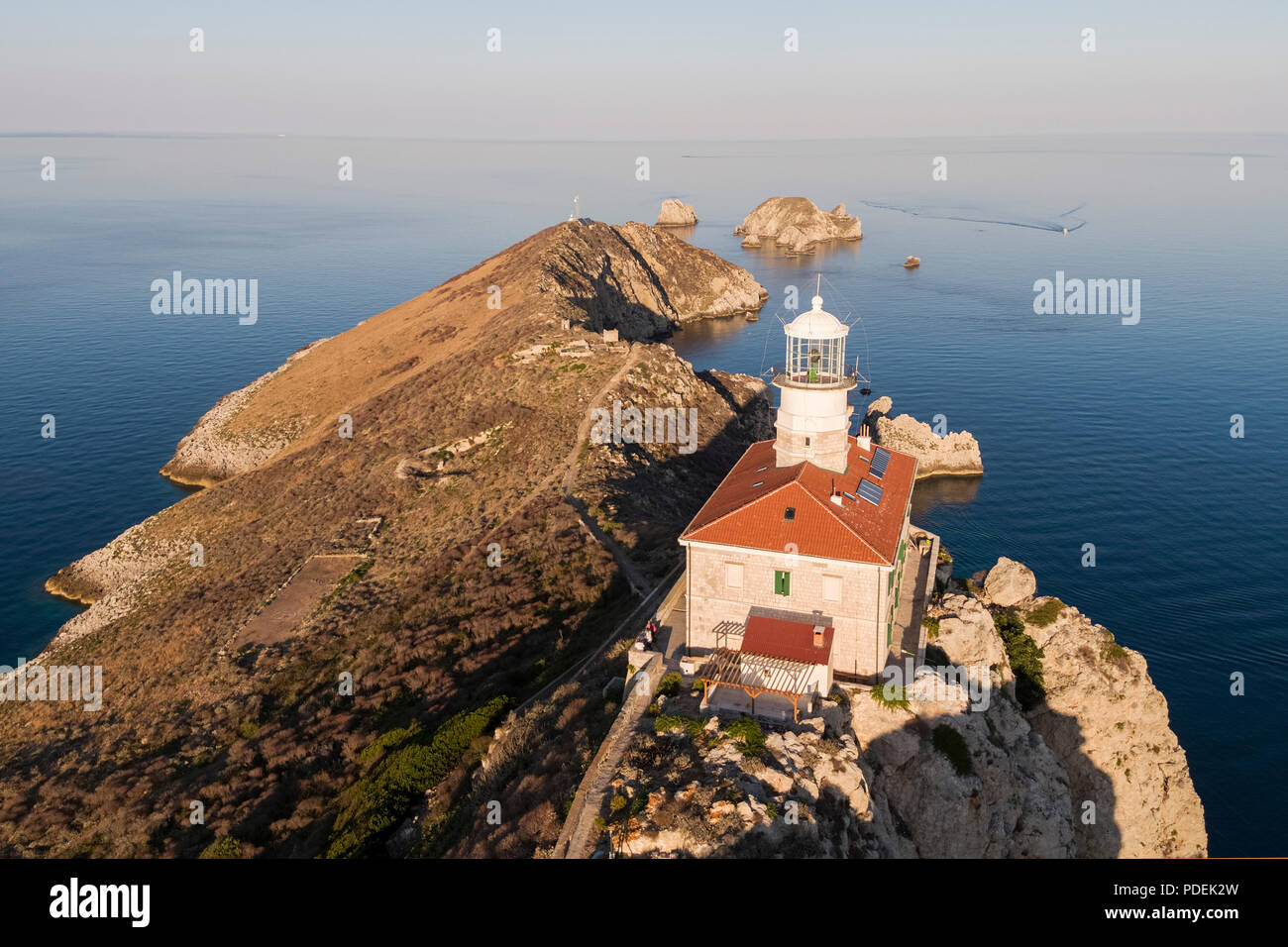 A lighthouse on the remote island of Palagruža in the Croatian Adriatic Stock Photo