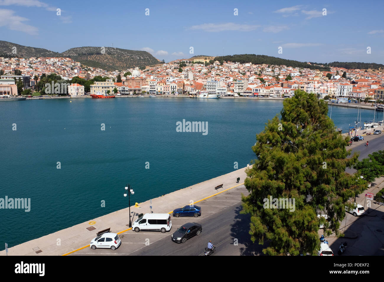 Port of the island's capital Mytilene with the Orthodox church Agios ...