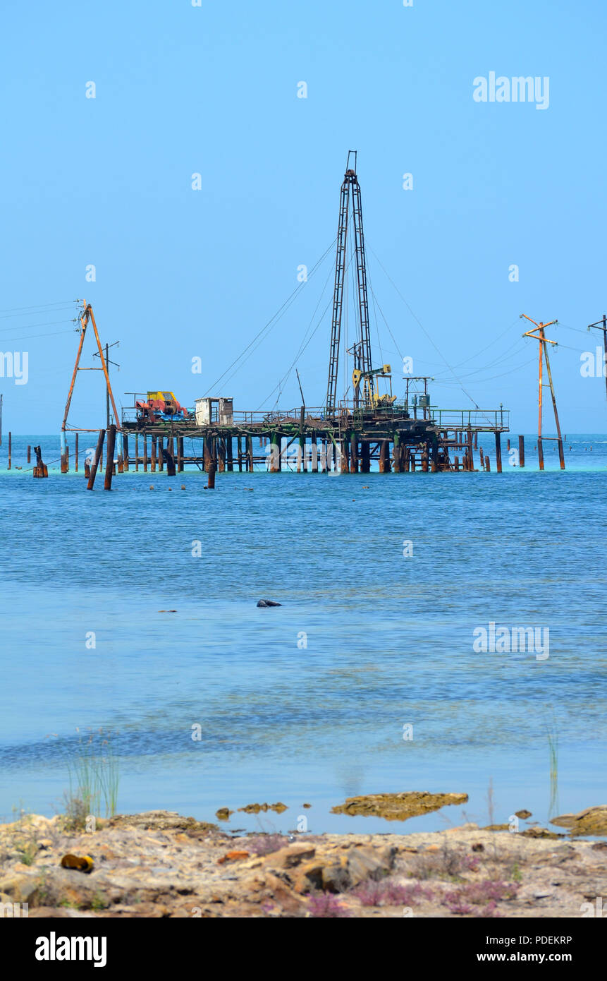 Oil rigs in the Caspian Sea, Absheron Peninsula, Azerbaijan Stock Photo