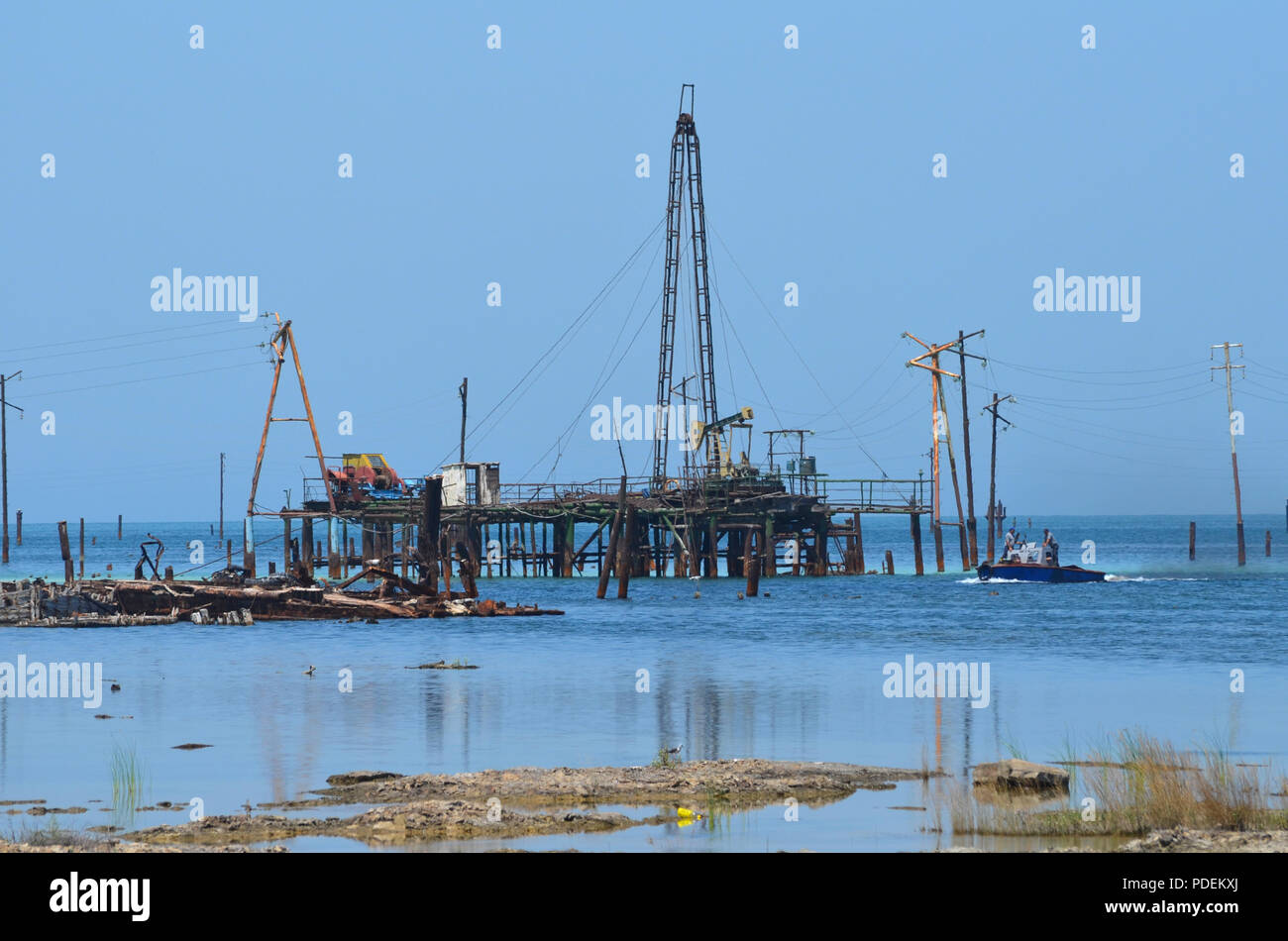 Oil rigs in the Caspian Sea, Absheron Peninsula, Azerbaijan Stock Photo