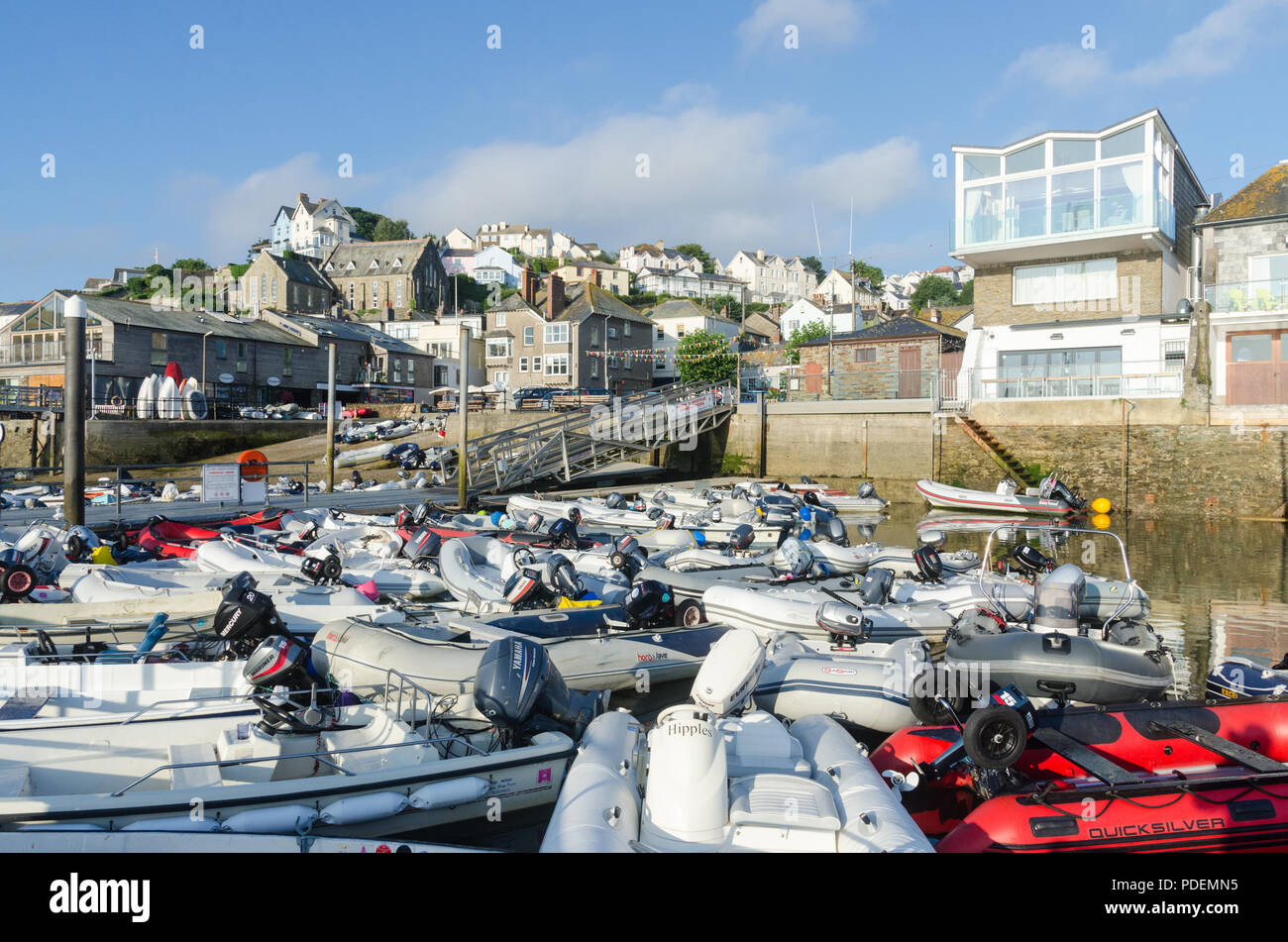 Tenders and dinghies moored on the harbour pontoon in the pretty sailing town of Salcombe in the South Hams,Devon,England Stock Photo