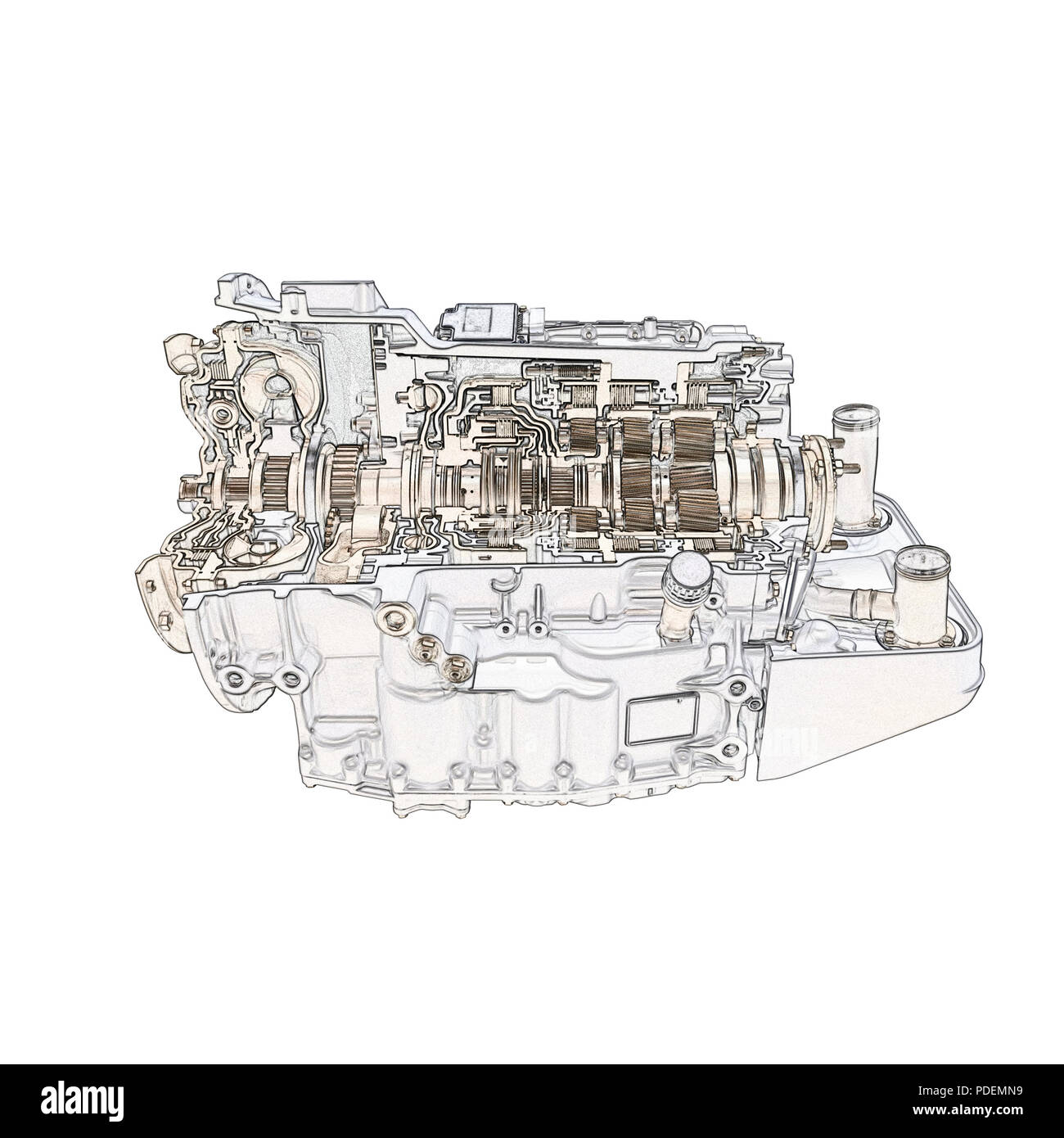 Technical drawing of a Modern car engine gear box isolated Stock Photo