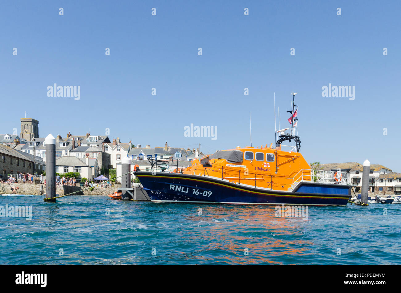 Baltic Exchange lll, the Salcombe RNLI Lifeboat moored on a pontoon in the pretty sailing town of Salcombe in the South Hams,Devon,England Stock Photo