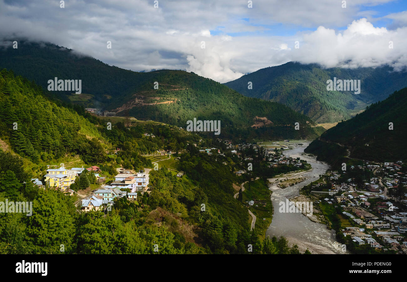 Dirang town and Kameng river viewed across the Himalaya mountains at dawn in Dirang, Arunachal Pradesh, India. Stock Photo