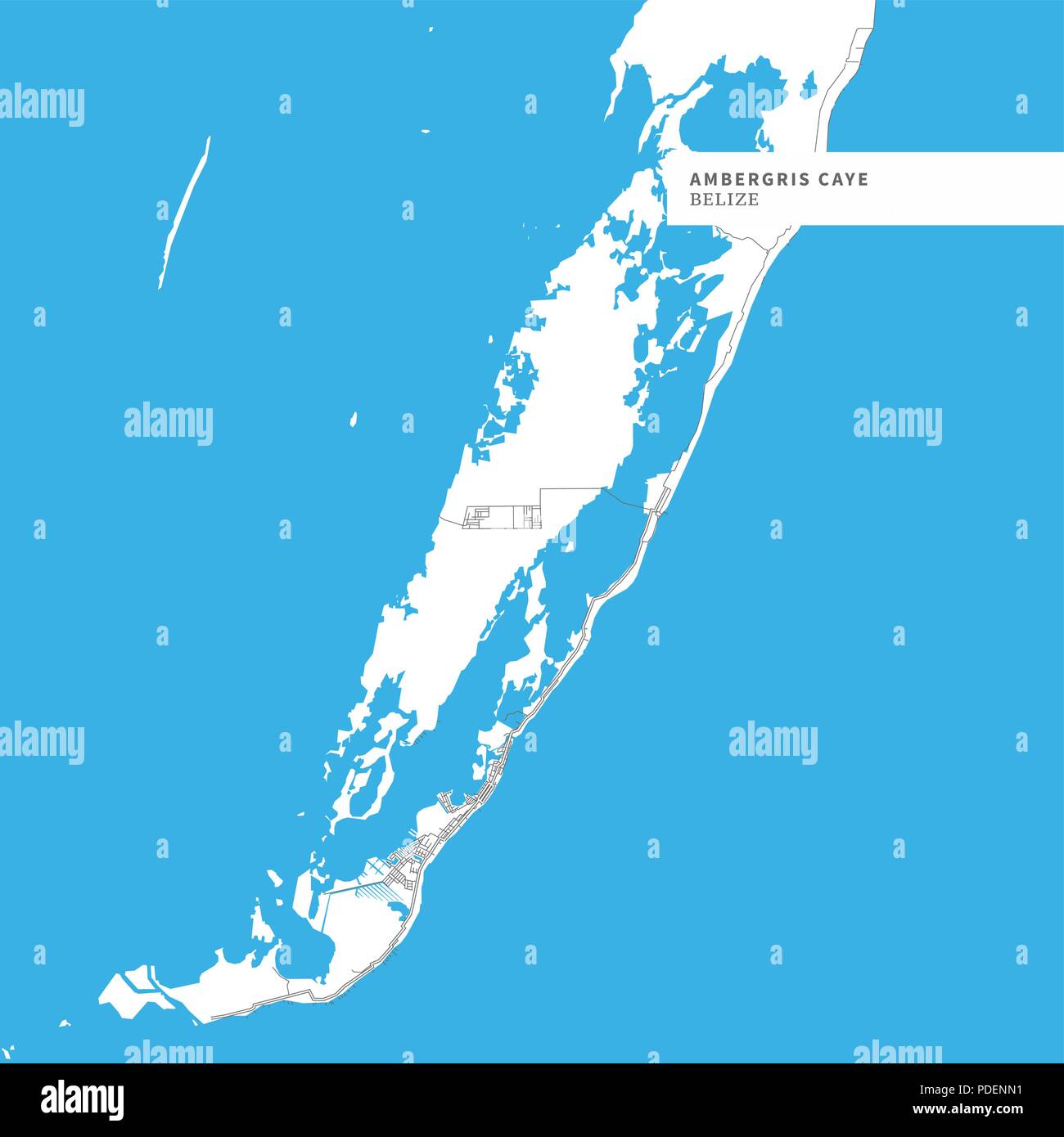 Map of Ambergris Caye Island, Belize, contains geography outlines for