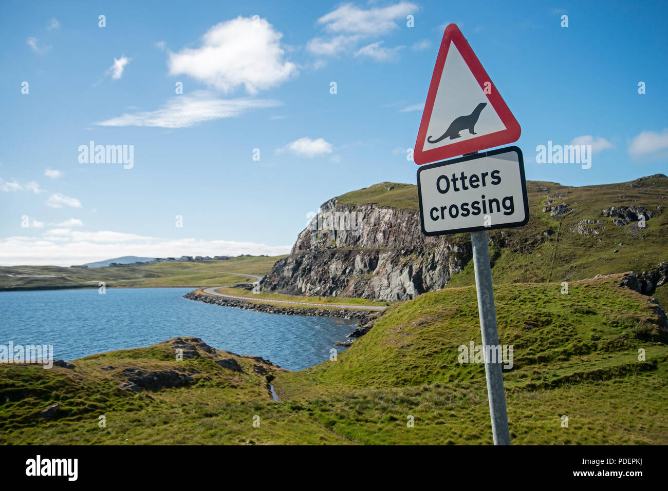Otter crossing sign on roadside, Mavis Grind, Shetland, Scotland, UK Stock Photo