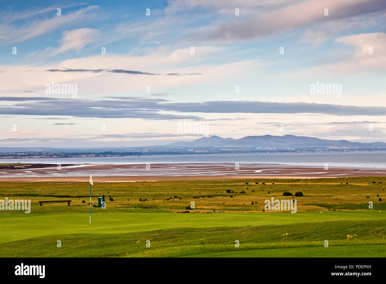 Gullane and East Lothian coastline with the Pentland Hills, Scotland