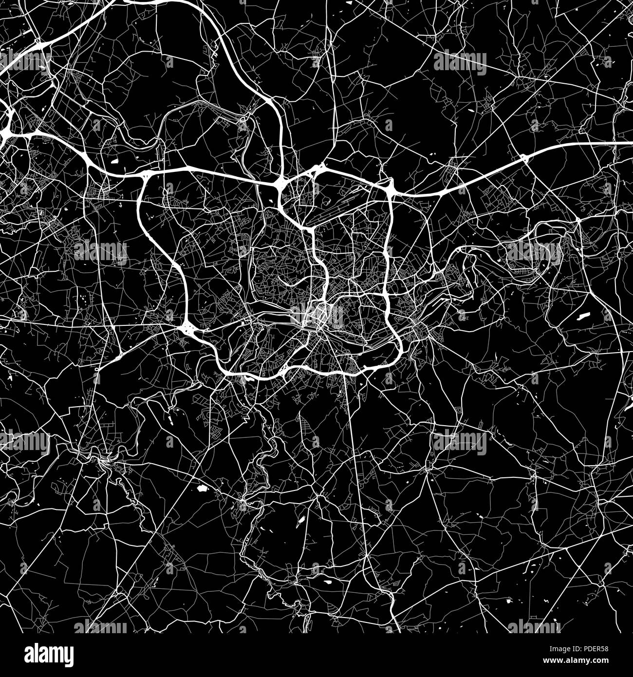 Area map of  Charleroi, Belgium. Dark background version for infographic and marketing. This map of  Charleroi, Wallonia, contains streets, waterways  Stock Vector