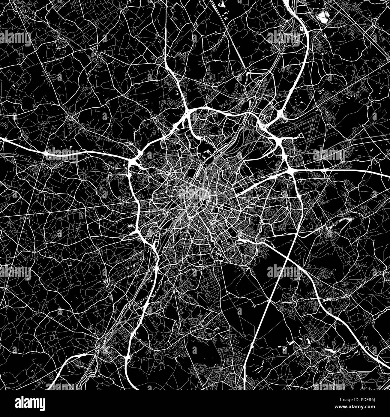 Area map of  Brussels, Belgium. Dark background version for infographic and marketing. This map of  Brussels, Brussels-Capital Region, contains street Stock Vector