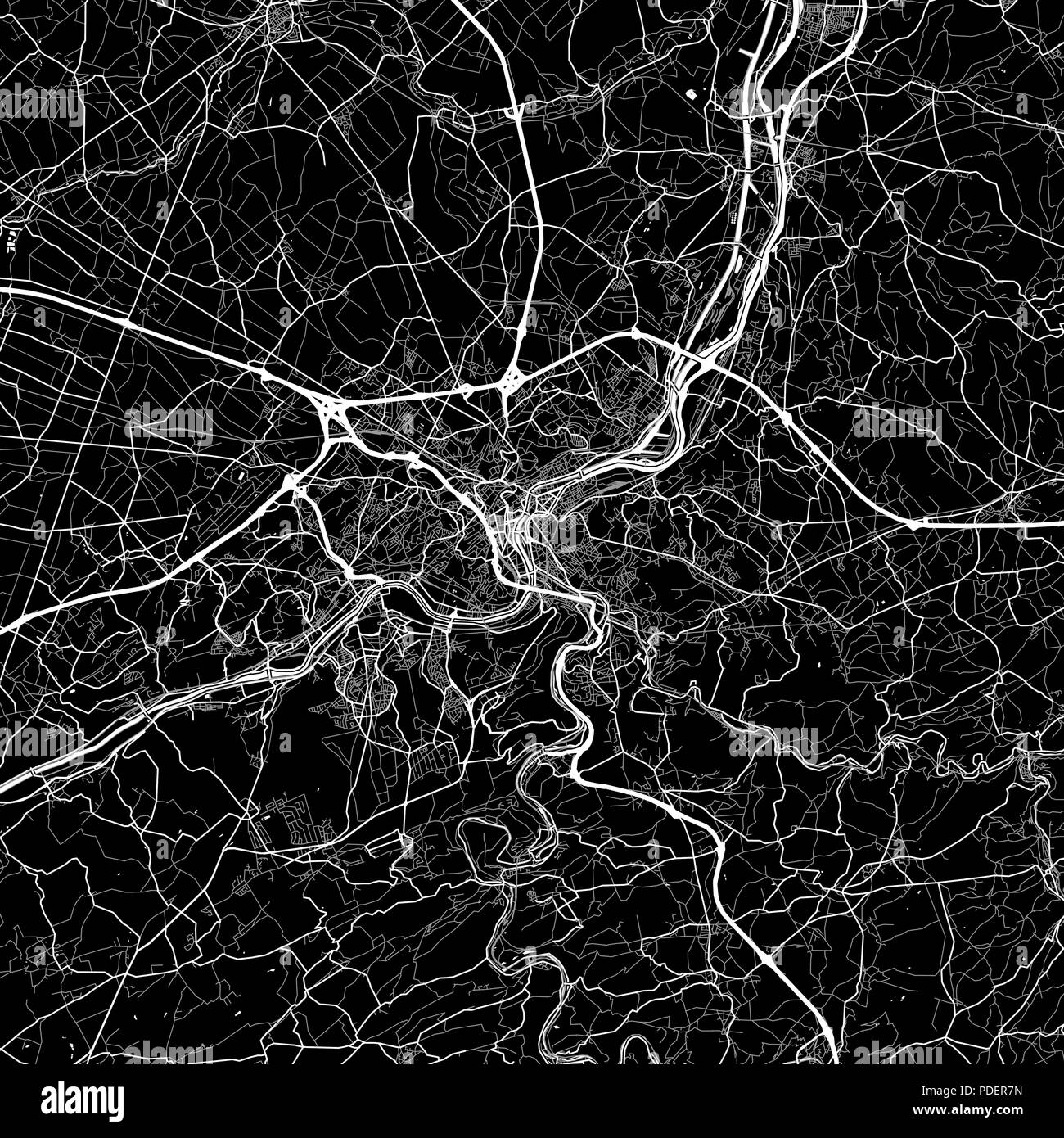 Area map of  Liège, Belgium. Dark background version for infographic and marketing. This map of  Liège, Wallonia, contains streets, waterways and rail Stock Vector