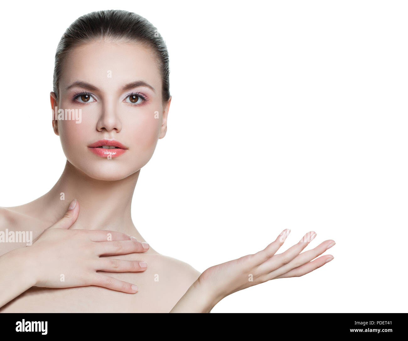 Healthy woman showing empty copy space on the open hand isolated on ...