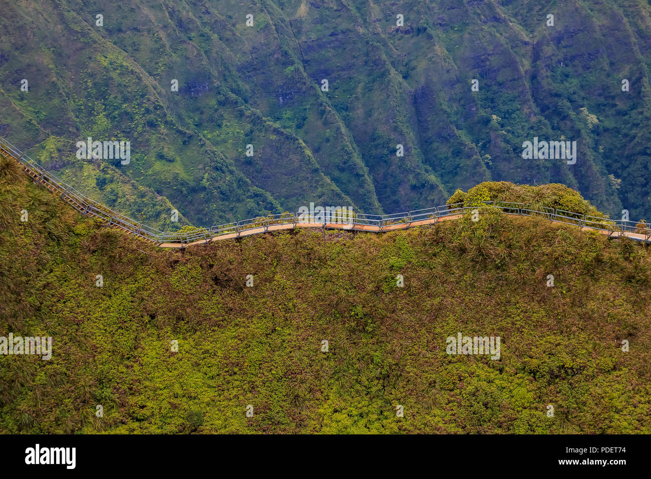 Aerial view of Haiku Stairs, also known as the Stairway to Heaven in Honolulu in Hawaii from a helicopter Stock Photo