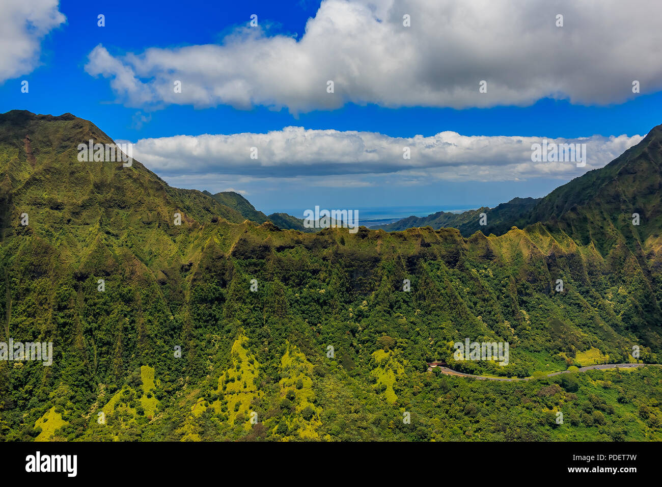 Aerial view mountain ridge line in Honolulu Hawaii from a helicopter Stock Photo
