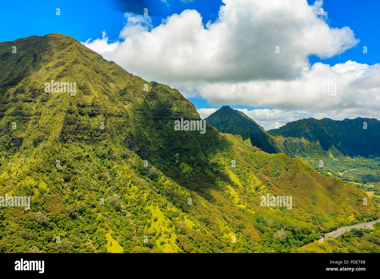 Aerial view mountain ridge line in Honolulu Hawaii from a helicopter Stock Photo