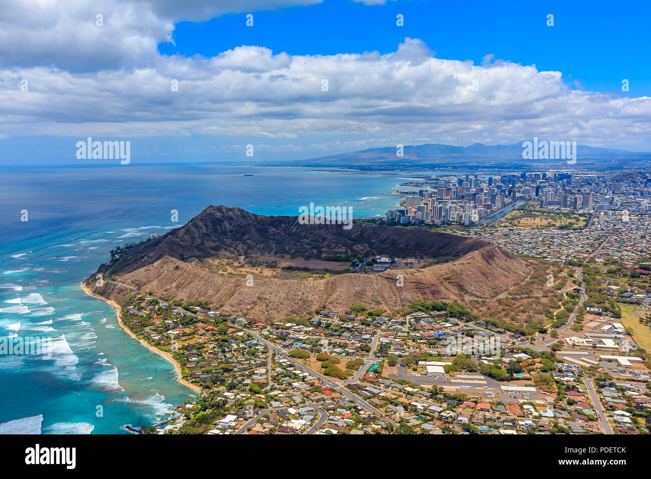 Aerial view of Waikiki Beach and Diamond Head volcano in Honolulu in Hawaii from a helicopter
