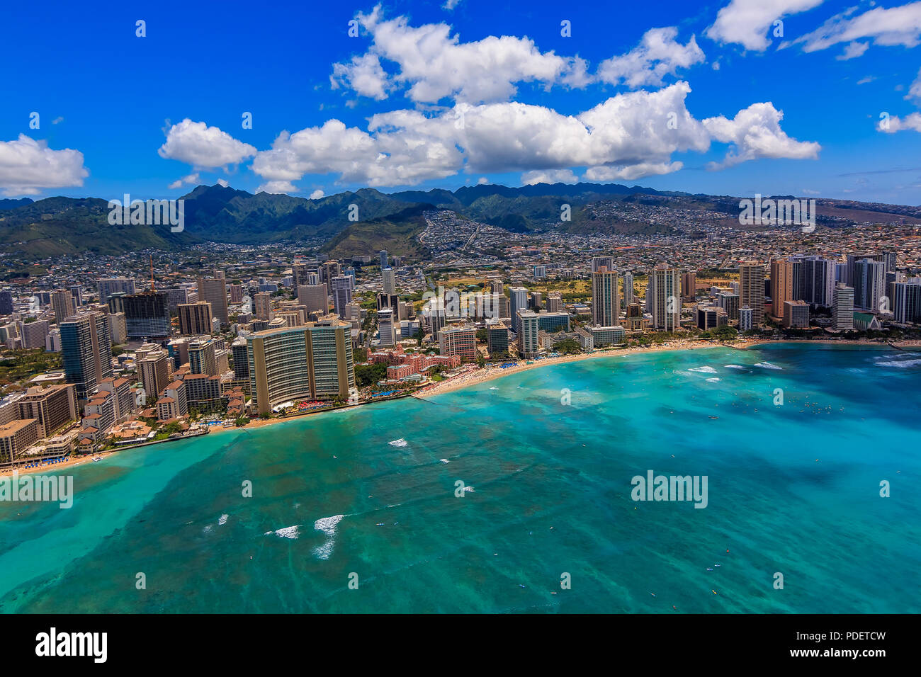 Aerial view of Waikiki Beach in Honolulu Hawaii from a helicopter Stock Photo