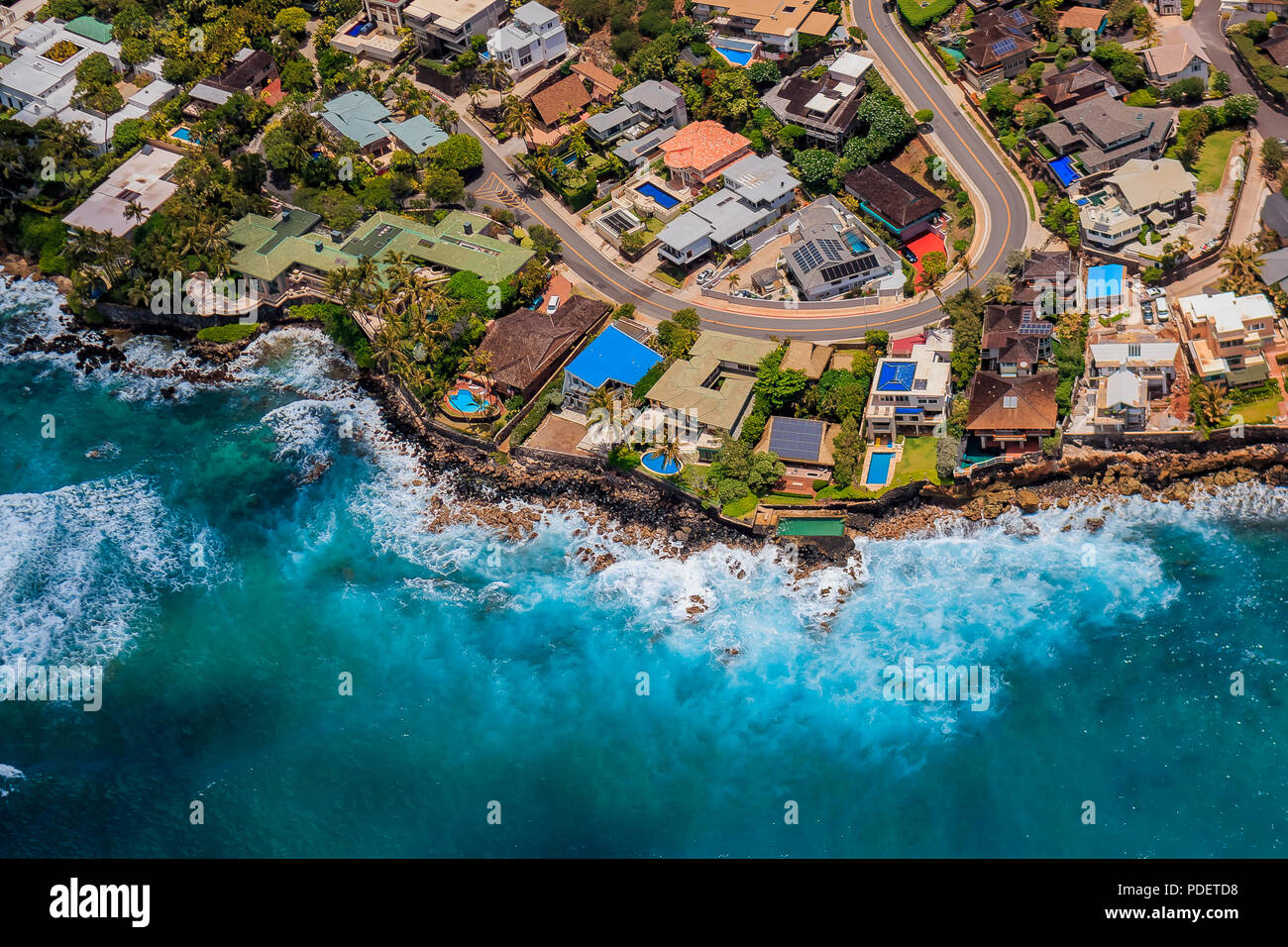 Aerial view Honolulu coastline in Hawaii from a helicopter Stock Photo