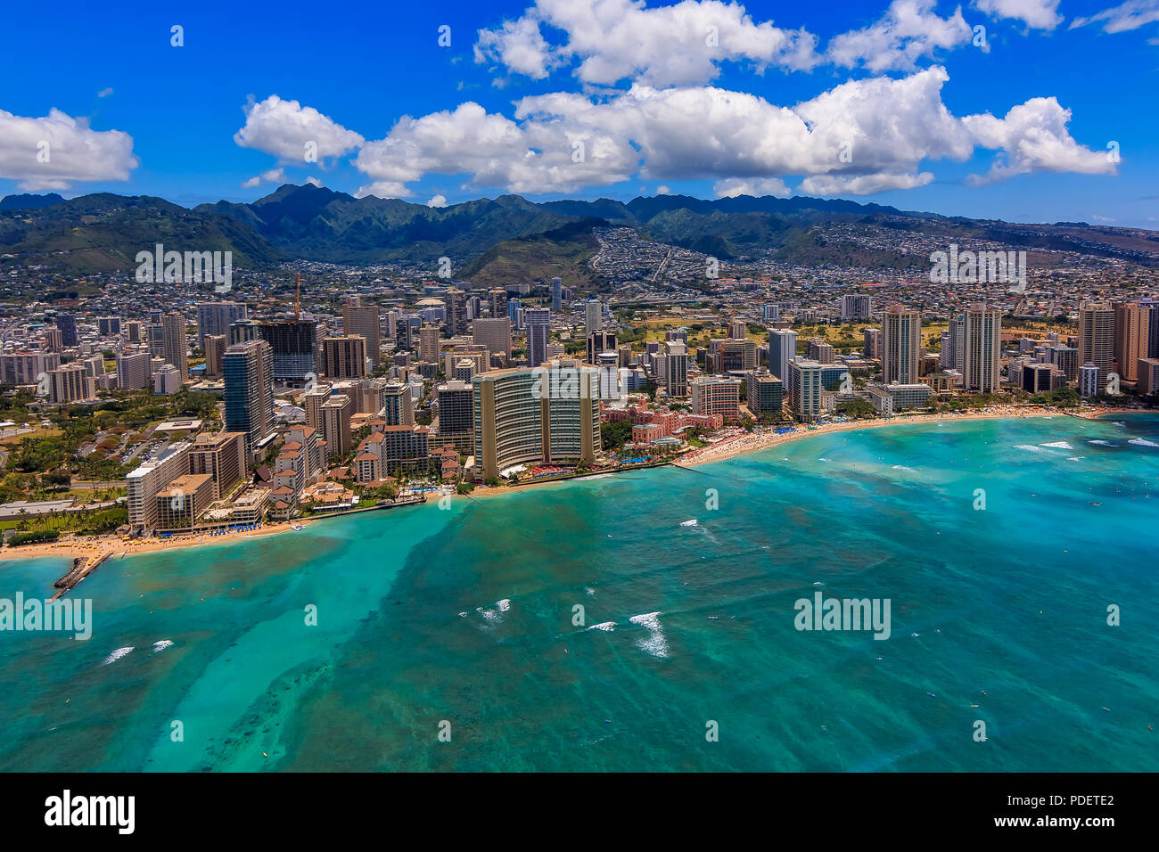 Aerial view of Waikiki Beach in Honolulu Hawaii from a helicopter Stock ...