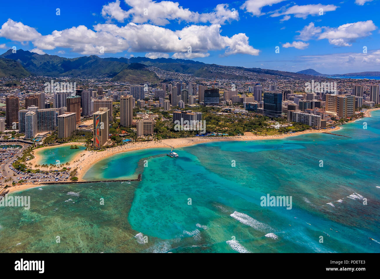 Aerial view of Waikiki Beach in Honolulu Hawaii from a helicopter Stock ...