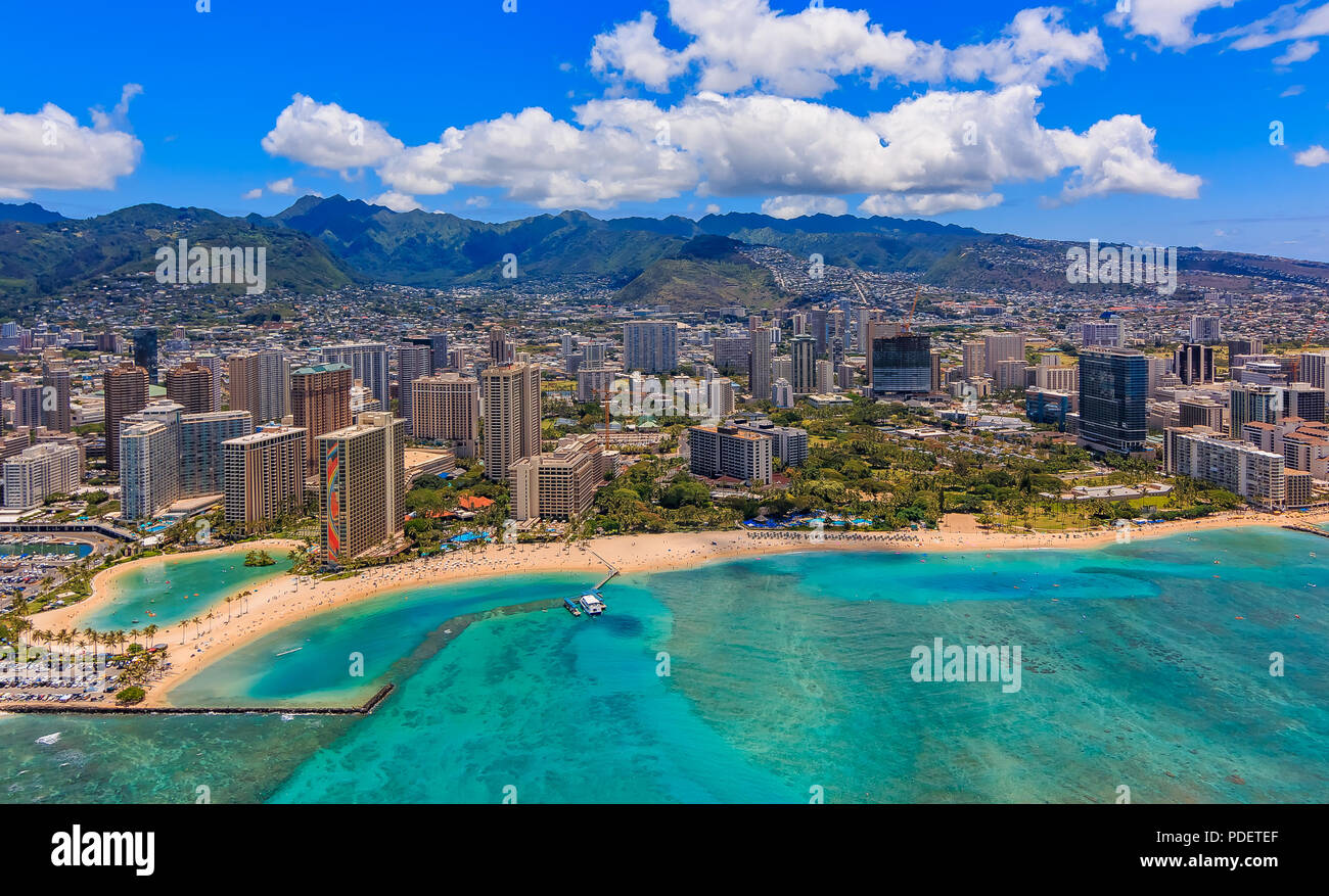 Aerial view of Waikiki Beach in Honolulu Hawaii from a helicopter Stock Photo