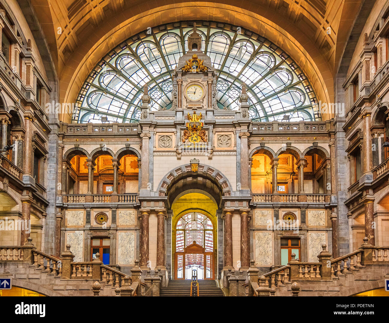 Antwerp, Belgium - January 18, 2015: Hall of the famous restored Antwerp Central Train Station Stock Photo