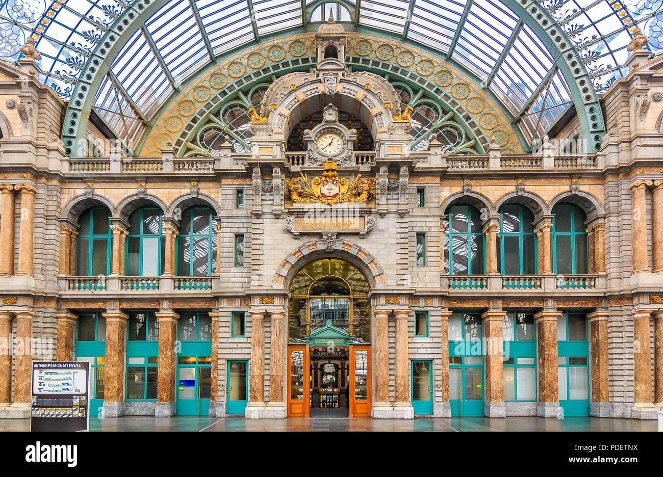 Antwerp, Belgium - January 18, 2015: Hall of the famous restored Antwerp Central Train Station Stock Photo